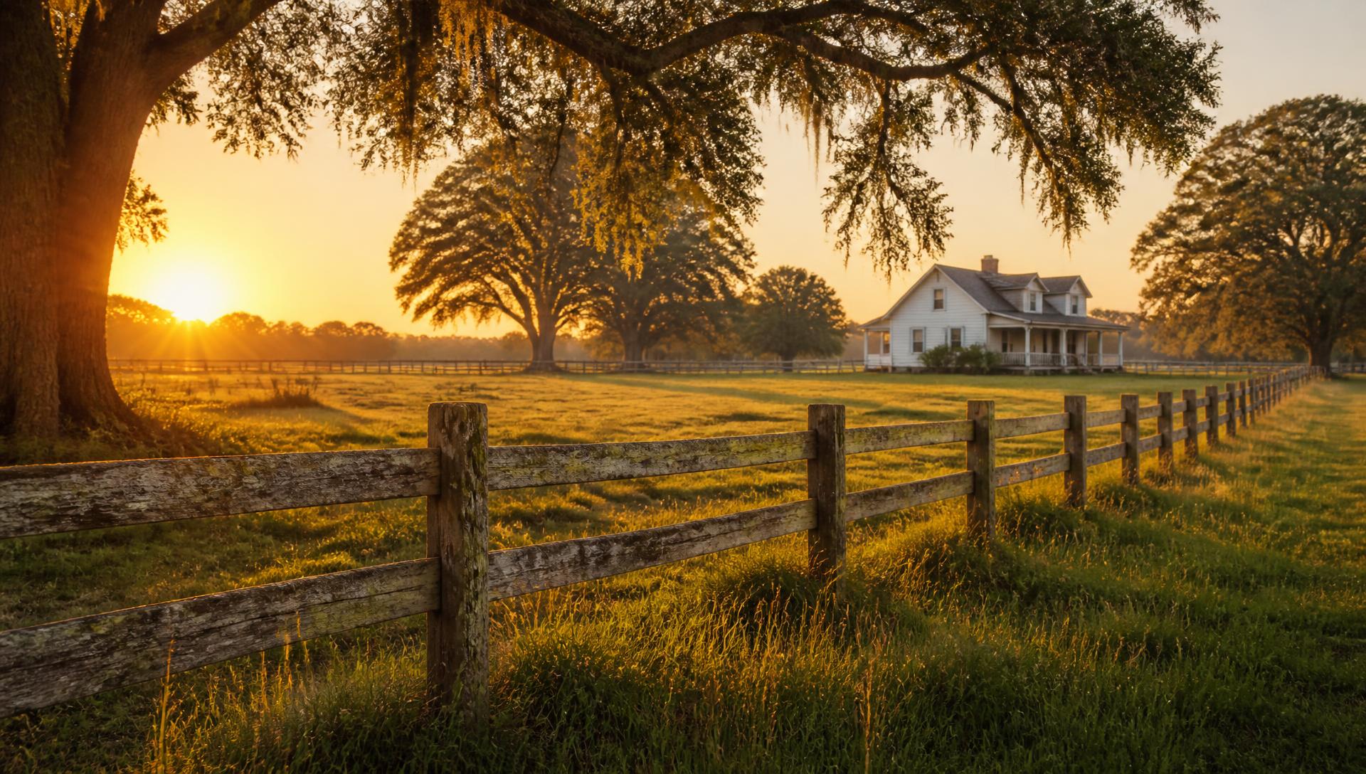 Family farmland at golden hour with a wooden fence line and farmhouse